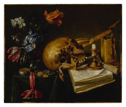 Catalog image of a still life with a skull, a music book, a snuffed-out candle, a bouquet of dyi…