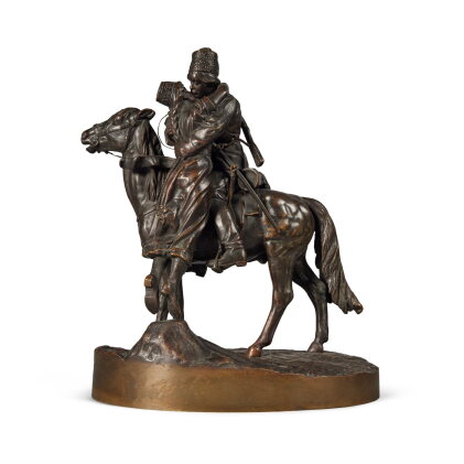 Catalog image of A Patinated Bronze Equestrian Group, "The Cossack's Kiss" After Lanceray