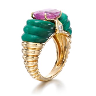 View 1 of Lot 19: Pink sapphire, malachite and diamond ring, 1970s
