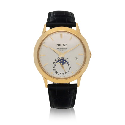 Catalog image of Ref. 3450 Yellow gold perpetual calendar wristwatch with moon phases and leap-y…