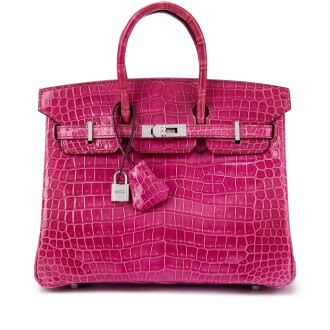 View 1 of Lot 1633: Fuchsia Shiny Porosus Crocodile Birkin 25 18K White Gold and Diamond Hardware, 2006