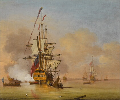 Catalog image of An English Man-of-War firing a salute, with small boats nearby