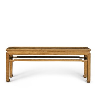 View 1 of Lot 112: A 'huanghuali' corner-leg bench (Errendeng), Qing dynasty, 18th century | 清十八世紀 黃花梨有束腰羅鍋棖馬蹄足貳人凳