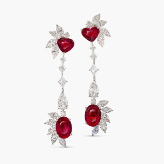 View 1 of Lot 1764: Pair of Ruby and Diamond Pendent Earrings | 天然「莫桑比克」未經加熱 紅寶石 配 鑽石 耳墜一對 (紅寶石共重13.68克拉)