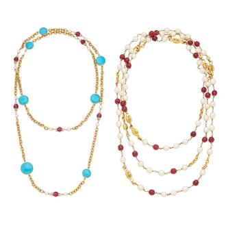 View 1 of Lot 98: Set of Two Vintage Red Gripoix, Turqoise, Imitation Pearl, and Gold Plated Brass Chain Link Necklace, 1982 and Vintage Red Gripoix, Imitation Pearl and CC Clip Necklace, 1996