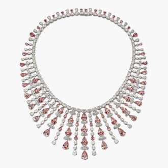 View 1 of Lot 1676: Padparadscha Sapphire and Diamond Necklace | 天然 未經加熱橙粉紅色剛玉 配 鑽石 項鏈 (橙粉紅色剛玉共重約 50.61克拉)