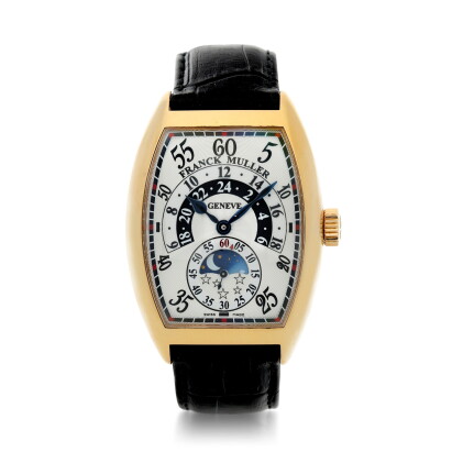 Catalog image of reference 7880 hrjn a pink gold automatic tonneau shaped wristwatch with retrog…