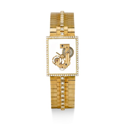 Catalog image of corum | golden bridge, a yellow gold and diamond-set skeletonized bracelet watc…