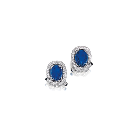 PAIR OF SAPPHIRE AND DIAMOND EAR CLIPS