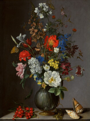 Catalog image of Flowers in a vase on a stone ledge, with redcurrants and shells | 《靜物：石架上的瓶花、紅加侖子與貝殼》