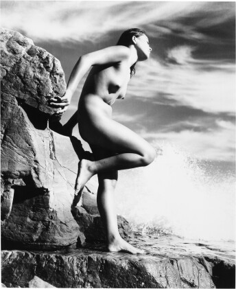 Catalog image of yoshiyuki iwase | 'untitled (nude leaning back on rock)', ca. 1955
