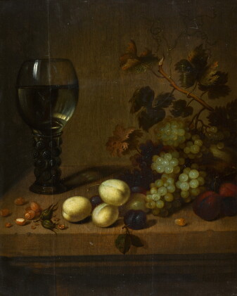 Catalog image of johannes bouman | still life with grapes, plums, acorns and a glass roemer on a ledge