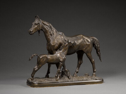 Catalog image of Mare and foal standing over a tree stump