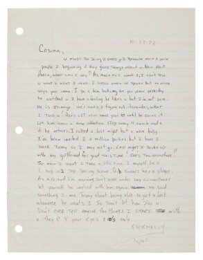 View 1 of Lot 101: Autograph letter signed ("Eternally, Tupac"), to Cosima [Knez], 28 October, 1988. 