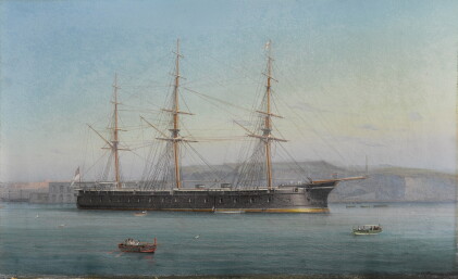 Catalog image of a british man of war in valletta harbour, malta