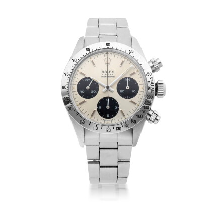 Catalog image of daytona, ref 6265 stainless steel chronograph wristwatch with bracelet circa 1973
