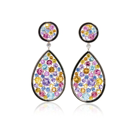 Catalog image of gem set and diamond pendent earrings, michele della valle