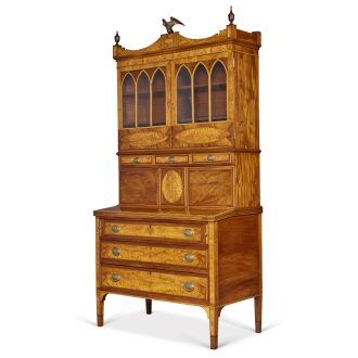 View 1 of Lot 8: A Fine and Rare Federal Inlaid and Figured Mahogany and Birchwood Lady's Desk-and-Bookcase, Essex County, Massachusetts, Dated 1810