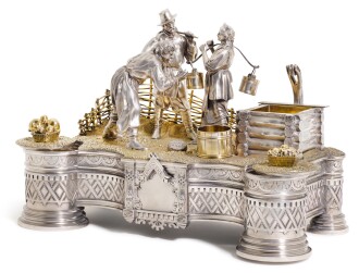 View 1 of Lot 240: An impressive parcel-gilt silver figural inkwell, Ivan Khlebnikov, Moscow, 1875