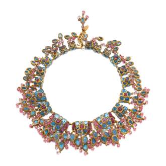 View 1 of Lot 711: Pink and Blue Glass Beaded Gold Plated Victoire de Castellane Wreath Necklace, Cir 1984