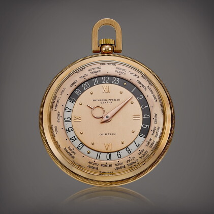 Catalog image of Reference 605 | A pink gold worldtime openface watch with pink dial, Retailed b…