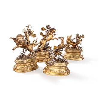 View 1 of Lot 238: A set of four German silver-gilt figural groups with putti and animals, Abraham II Drentwett, 1699-1703