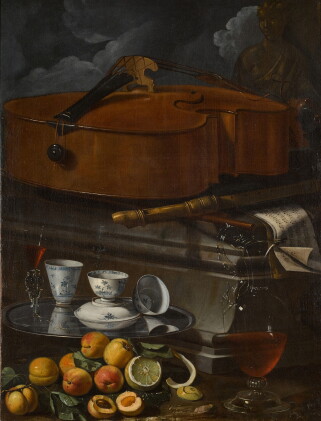 Catalog image of still life with porcelain cups and a façon de venise glass on a salver, with a …