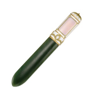 View 1 of Lot 100: A varicoloured gold-mounted guilloché enamel and nephrite paperknife, probably Fabergé, St Petersburg, circa 1900
