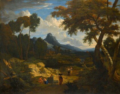 Catalog image of An Italianate landscape with classical figures, a waterfall and a town beyond