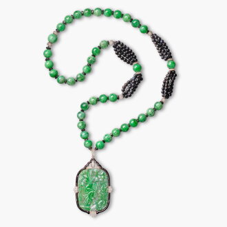 View 1 of Lot 1638: Jadeite, Onyx, Enamel and Diamond Pendent Necklace, Circa 1925 | 卡地亞 |  天然翡翠 配 縞瑪瑙 配 琺瑯彩 及 鑽石 掛墜項鏈, 年份約1925