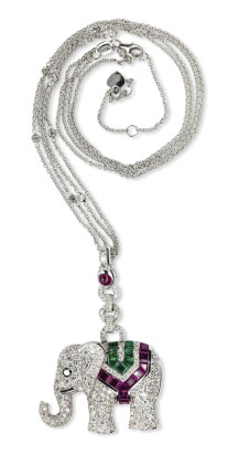 Catalog image of ruby, emerald and diamond pendant, michele della valle