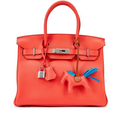 View 1 of Lot 1086: Rose Jaipur Clemence Birkin 30 Palladium Hardware, 2014 and Rose Texas, Bleu Zanzibar and Gold Milo Lambskin and Swift GriGri Rodeo Charm PM, 2020