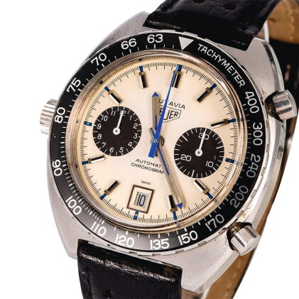 Catalog image of heuer | autavia, ref. 1163, a stainless steel chronograph wristwatch, circa ear…