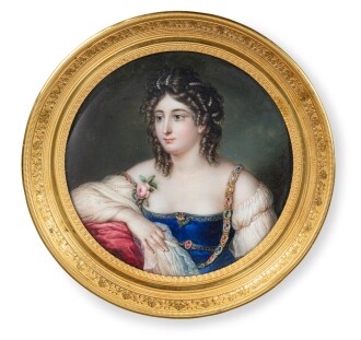 View 1 of Lot 92: A French large circular miniature on ivory representing Eléonore de la Plaigne, mistress of the Emperor and mother of Count Léon, Louis-Marie Autissier, circa 1810 | Grande miniature ronde sur ivoire représentant Eléonore de la Plaigne, maîtresse de l'Empereur et mère du comte Léon par Louis-Marie Autissier, France, vers 1810