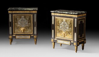 View 1 of Lot 16: A pair of ebony, brass, pewter, tortoiseshell marquetry with gilt-bronze mounts meubles à hauteur d'appui, Louis XVI, circa 1775, probably by Adam Weisweiler | Paire de meubles à hauteur d'appui en laiton, étain, écaille et ébène, monture de bronze doré d'époque Louis XVI, vers 1775, probablement par Adam Weisweiler