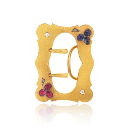 View 1 of Lot 1008: Gold, ruby, sapphire and diamond belt buckle, circa 1900