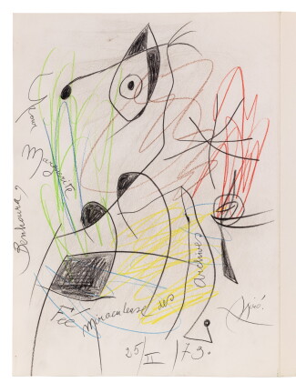Catalog image of Le Miroir de l'homme par les bêtes, 1972. Ex. HC. Enrichi d'un dessin de Miró, …