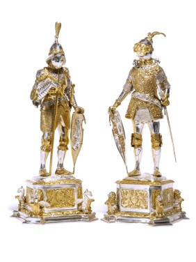 View 1 of Lot 331: A Pair of German Parcel-Gilt Silver Standing Knights in Armor, Marked Os, 20th Century
