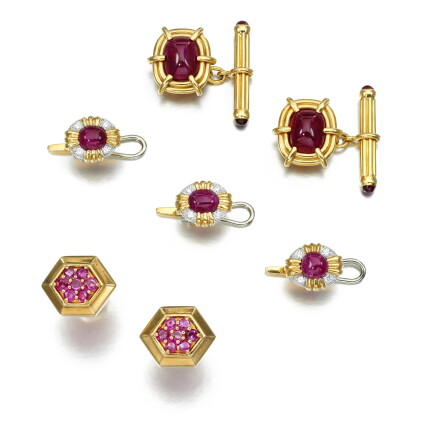 Catalog image of tiffany & co. and david webb | two pairs of ruby cufflinks and three ruby and d…
