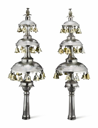 Catalog image of A pair of unusual English silver "Chinoiserie" Torah finials, John Robins, Lond…