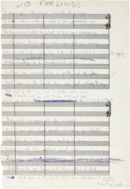 View 1 of Lot 4: Johnny Rotten | No Feelings, autograph manuscript lyrics, 1976