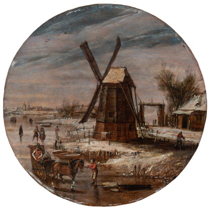Catalog image of Winter landscape with an elegant couple in a horse-drawn sledge on a frozen wat…