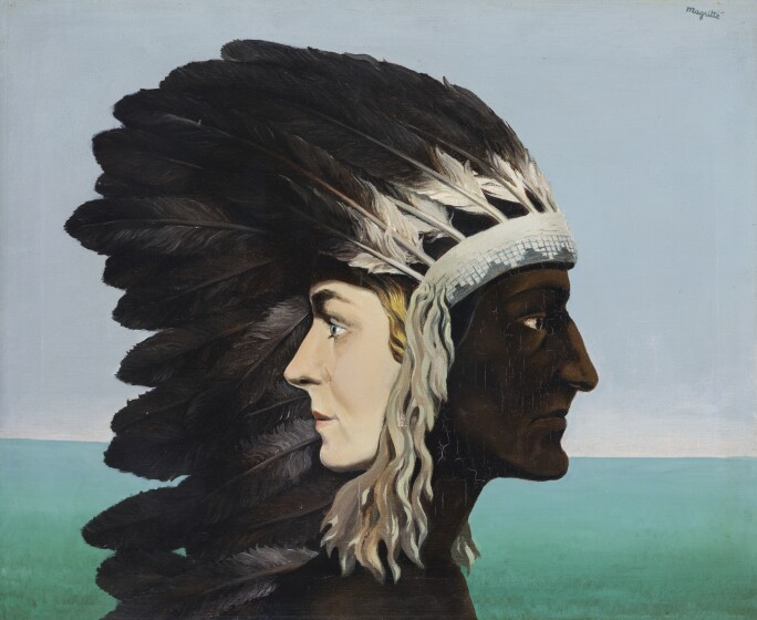 A surrealist image of the morning sky and sea with images of the profile of a blonde woman and an American Indian in headdress emerging from one another.