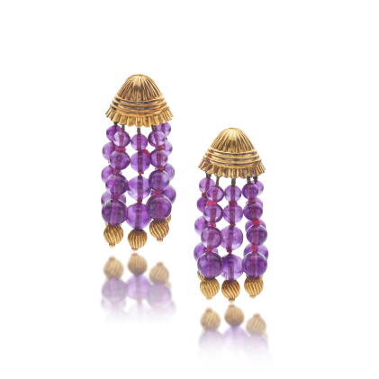 Catalog image of Pair of gold and amethyst pendent ear clips, 1970s