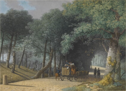 Catalog image of A road entering a forest with a group of soldiers attacking a carriage