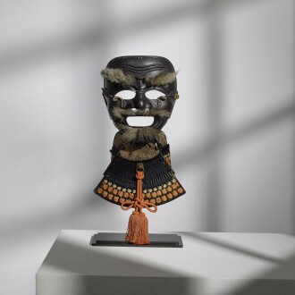 View 1 of Lot 10: A fine Myochin school okina somen [full face mask] | Signed Hiroshima ju Ryoei saku (made by Ryoei, a resident of Hiroshima) | Edo period, 18th century