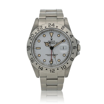 Catalog image of Explorer II, ref. 16570 Stainless steel dual time zone wristwatch with date, 24…