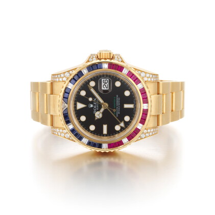 Catalog image of GMT-Master II, ref. 116758SARU Yellow gold, diamond, sapphire and ruby-set dual…