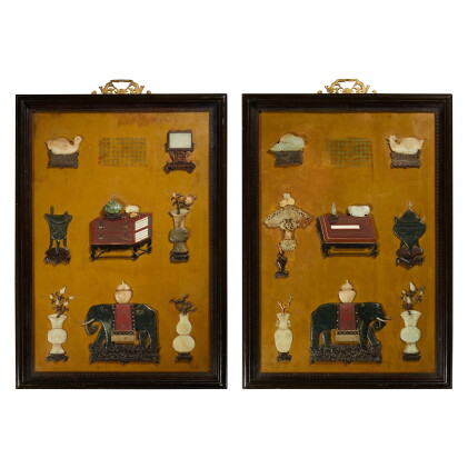 a pair of large hardstone and cinnabar lacquer-inlaid screens, qing dynasty, 18th / 19th century