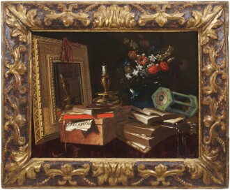 View 1 of Lot 229: A vanitas still life with a mirror, a candle, an hourglass, books, flowers in a vase and a case, all on a draped table